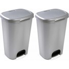 2x Kunststof afvalemmers/vuilnisemmers zilver 50 liter met deksel en pedaal - Vuilnisemmers/vuilnisbakken/prullenbakken - Kantoor/keuken prullenbakken